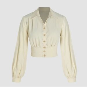 Woven Collar Ruched Crop Blouse - Cream